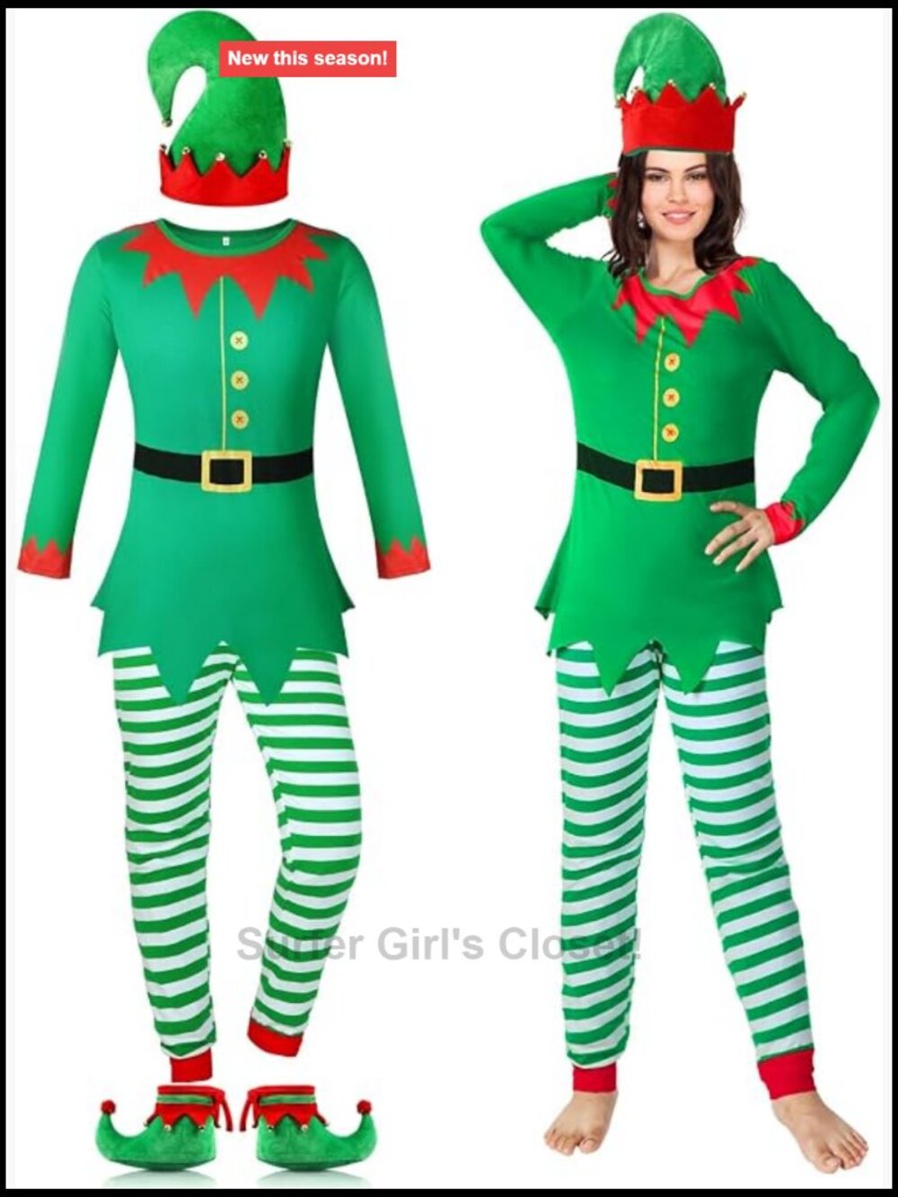 Christmas Elf Costume Set Women Santa Helper Long Sleeve Shirt Striped Pants